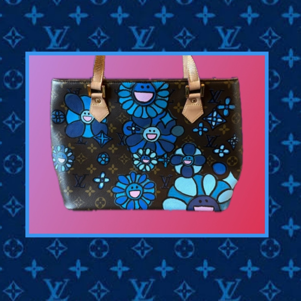 Louis Vuitton Blue Floral Tote Bag  Upcycled and Hand Painted